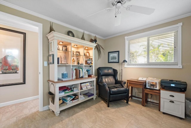 10432 Sandpiper Rd W, Bradenton, FL 34209 - sitting room with baseboards, ceiling fan, and crown molding
