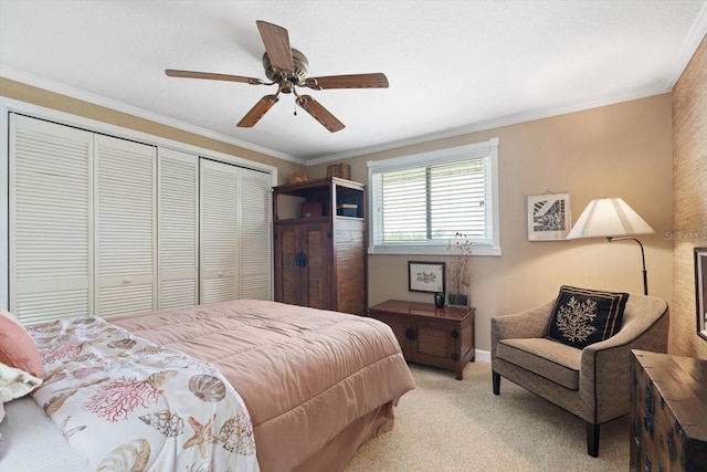 10432 Sandpiper Rd W, Bradenton, FL 34209 - bedroom featuring ceiling fan, light carpet, ornamental molding, and a closet