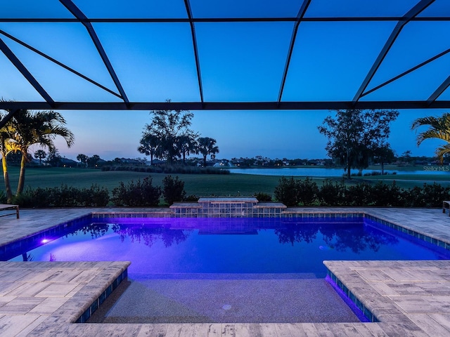 15037 Montello Way, Lakewood Ranch, FL 34211 - pool at dusk with an outdoor pool, a water view, a patio, and glass enclosure