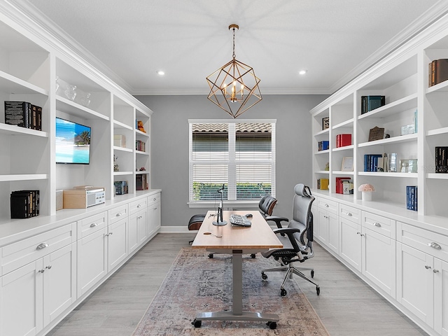 15037 Montello Way, Lakewood Ranch, FL 34211 - home office featuring an inviting chandelier, light wood-type flooring, crown molding, and built in shelves
