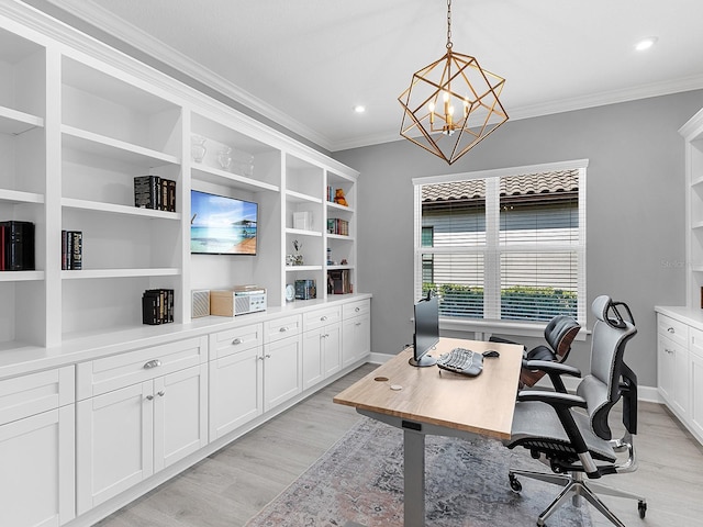 15037 Montello Way, Lakewood Ranch, FL 34211 - office space featuring ornamental molding, light wood finished floors, built in shelves, and an inviting chandelier