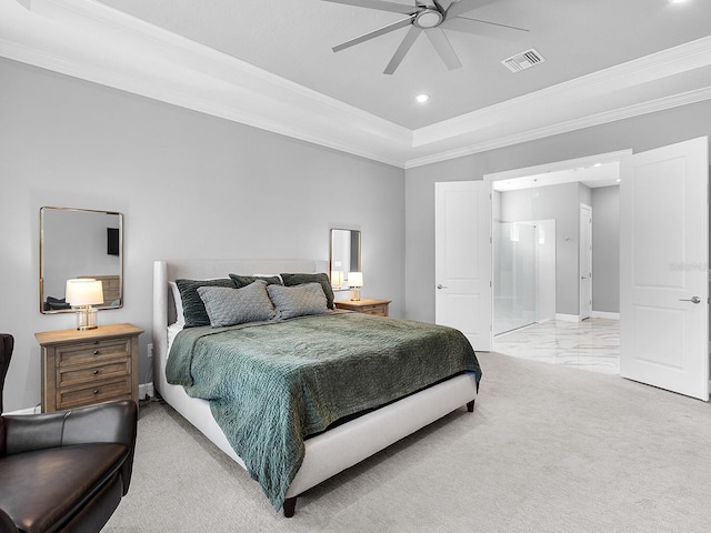 15037 Montello Way, Lakewood Ranch, FL 34211 - bedroom featuring recessed lighting, ornamental molding, ceiling fan, visible vents, and a tray ceiling