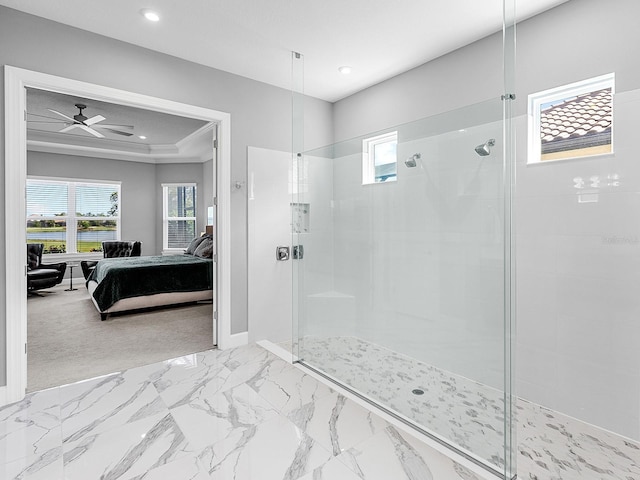 15037 Montello Way, Lakewood Ranch, FL 34211 - ensuite bathroom with a wealth of natural light, a tile shower, ensuite bathroom, and a ceiling fan