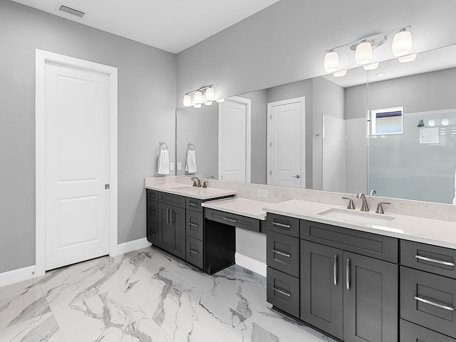 15037 Montello Way, Lakewood Ranch, FL 34211 - bathroom featuring a walk in shower, visible vents, vanity, and baseboards