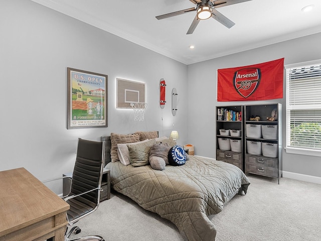 15037 Montello Way, Lakewood Ranch, FL 34211 - carpeted bedroom with a ceiling fan, crown molding, recessed lighting, and baseboards