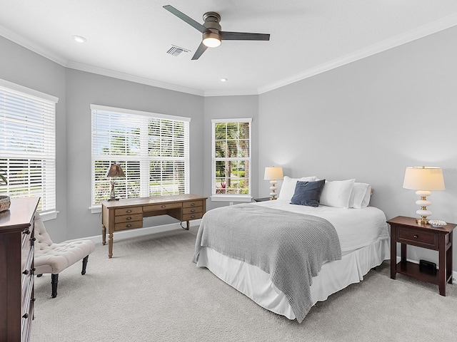 15037 Montello Way, Lakewood Ranch, FL 34211 - bedroom with visible vents, ceiling fan, crown molding, and light colored carpet