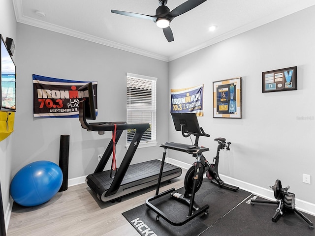 15037 Montello Way, Lakewood Ranch, FL 34211 - exercise area featuring baseboards, wood finished floors, ceiling fan, and crown molding