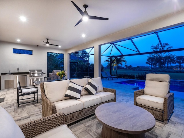 15037 Montello Way, Lakewood Ranch, FL 34211 - view of patio featuring ceiling fan, a grill, outdoor lounge area, area for grilling, and an outdoor pool