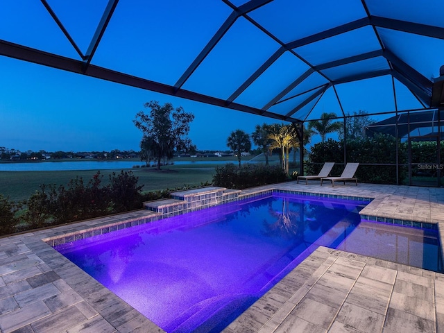 15037 Montello Way, Lakewood Ranch, FL 34211 - outdoor pool with a lanai, a water view, an in ground hot tub, and a patio area