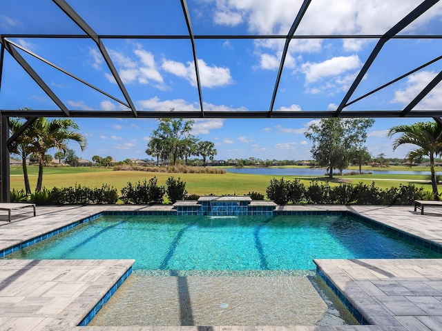 15037 Montello Way, Lakewood Ranch, FL 34211 - pool featuring a lawn, a patio, a water view, and a lanai