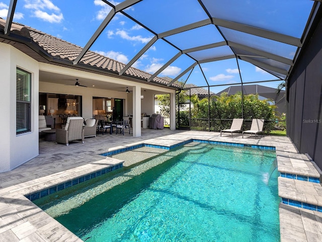 15037 Montello Way, Lakewood Ranch, FL 34211 - pool with a patio, an outdoor hangout area, a ceiling fan, and a lanai