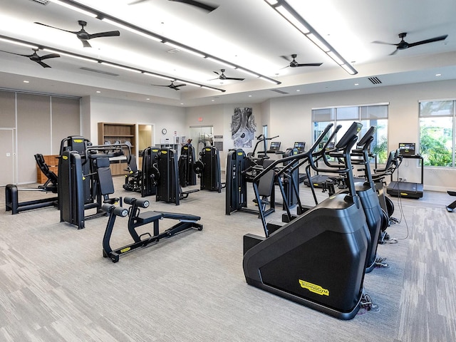 15037 Montello Way, Lakewood Ranch, FL 34211 - exercise room with visible vents, recessed lighting, a ceiling fan, and carpet floors