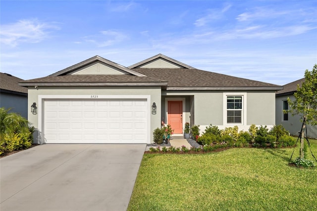 9725 Last Light Gln, Parrish, FL 34219 - ranch-style house with a shingled roof, a garage, concrete driveway, a front lawn, and stucco siding