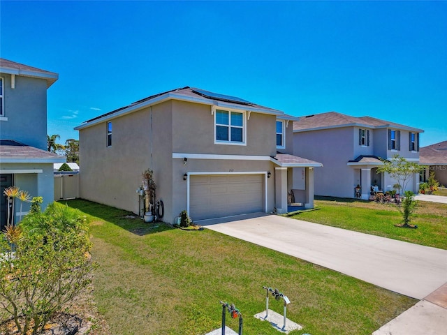 2969 Great Abaco Way, Bradenton, FL 34208 - traditional-style house featuring stucco siding, solar panels, concrete driveway, a garage, and a front yard