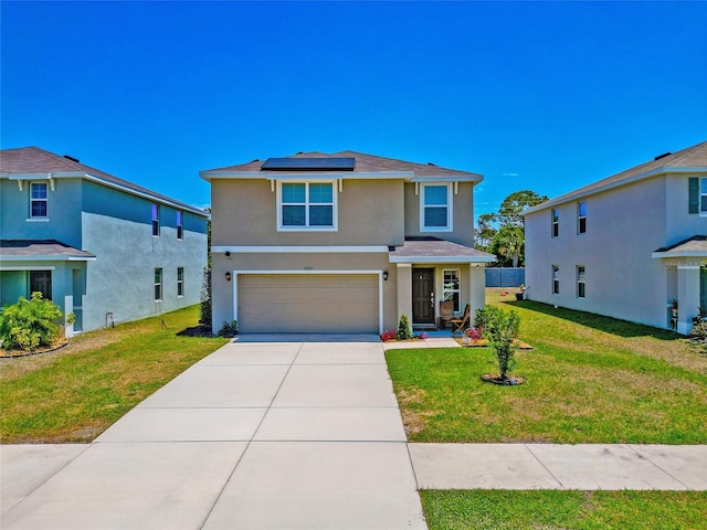2969 Great Abaco Way, Bradenton, FL 34208 - traditional-style house featuring roof mounted solar panels, stucco siding, a garage, driveway, and a front yard