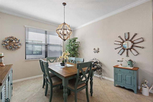 14309 Carolina Sky Pl, Lakewood Ranch, FL 34211 - dining area with light tile patterned floors, ornamental molding, a notable chandelier, and baseboards