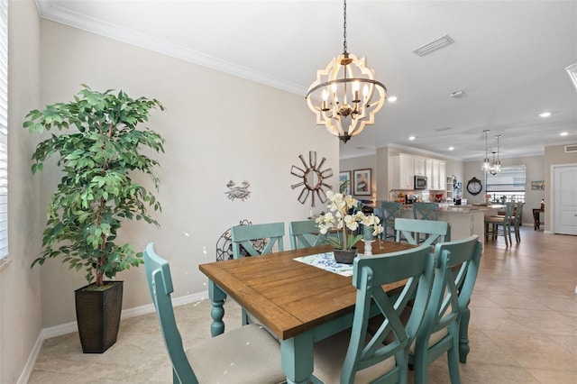 14309 Carolina Sky Pl, Lakewood Ranch, FL 34211 - dining room with crown molding, recessed lighting, a notable chandelier, and visible vents