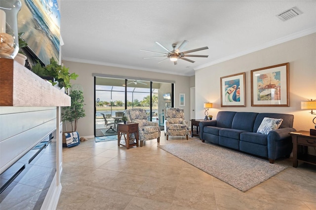14309 Carolina Sky Pl, Lakewood Ranch, FL 34211 - living area featuring visible vents, a ceiling fan, and crown molding
