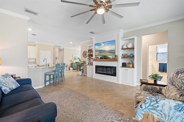 14309 Carolina Sky Pl, Lakewood Ranch, FL 34211 - living area featuring ornamental molding, recessed lighting, visible vents, and ceiling fan