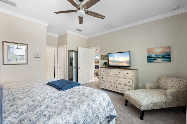 14309 Carolina Sky Pl, Lakewood Ranch, FL 34211 - bedroom with visible vents, ornamental molding, ceiling fan, and carpet