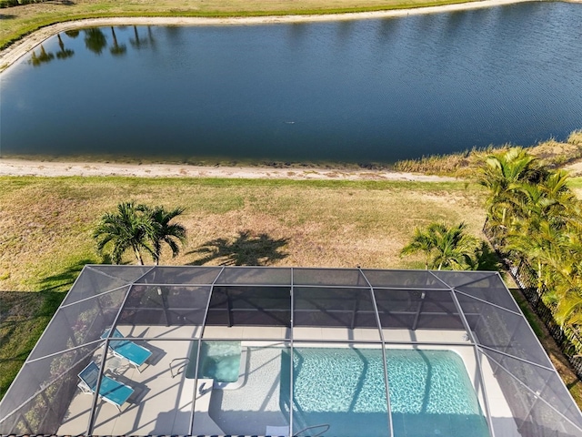 14309 Carolina Sky Pl, Lakewood Ranch, FL 34211 - pool with a lawn, a patio area, a water view, and glass enclosure
