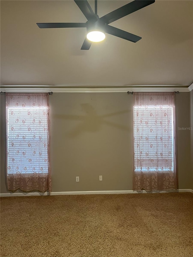 empty room featuring plenty of natural light, carpet flooring, baseboards, and ceiling fan