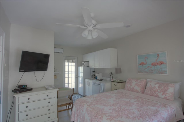 bedroom with ceiling fan, a wall mounted AC, and freestanding refrigerator