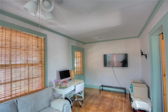 525 Rawls Ave, Sarasota, FL 34236 - office space featuring ornamental molding, a ceiling fan, and wood finished floors