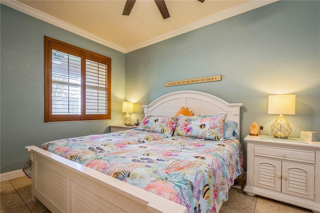 bedroom with ceiling fan, baseboards, ornamental molding, and light tile patterned flooring