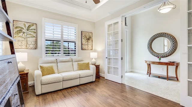 1358 Cielo Ct, North Venice, FL 34275 - sitting room with a ceiling fan, baseboards, crown molding, and wood finished floors