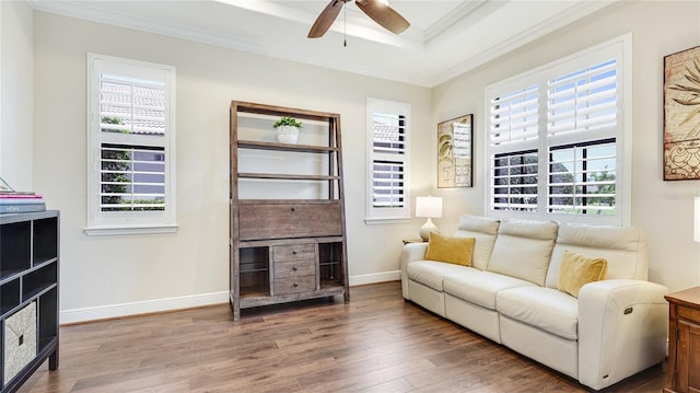 1358 Cielo Ct, North Venice, FL 34275 - sitting room featuring wood finished floors, crown molding, ceiling fan, a tray ceiling, and baseboards
