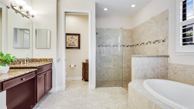 1358 Cielo Ct, North Venice, FL 34275 - bathroom featuring walk in shower, toilet, vanity, recessed lighting, and a bath