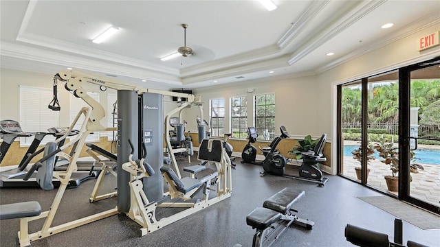 1358 Cielo Ct, North Venice, FL 34275 - workout area with crown molding, a raised ceiling, ceiling fan, and recessed lighting