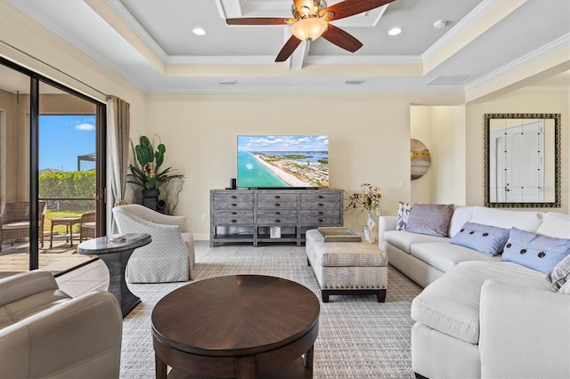 living room with ornamental molding, recessed lighting, ceiling fan, and visible vents