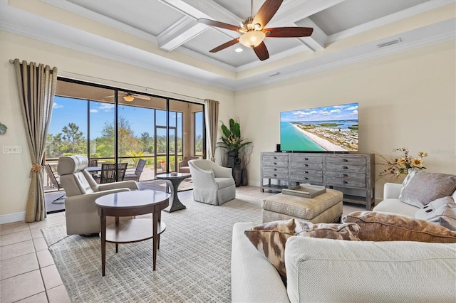 living room with beam ceiling, visible vents, ornamental molding, and coffered ceiling