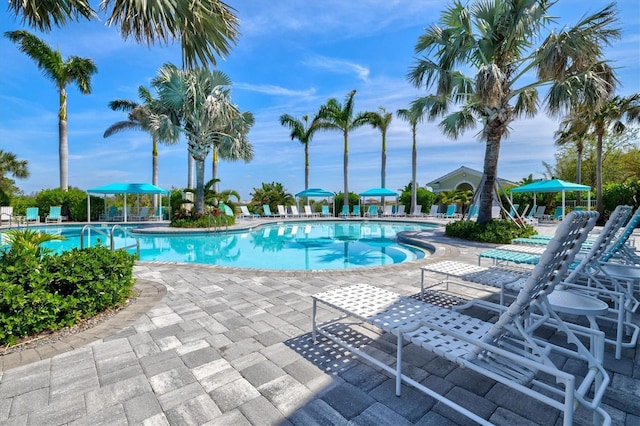pool with a patio area