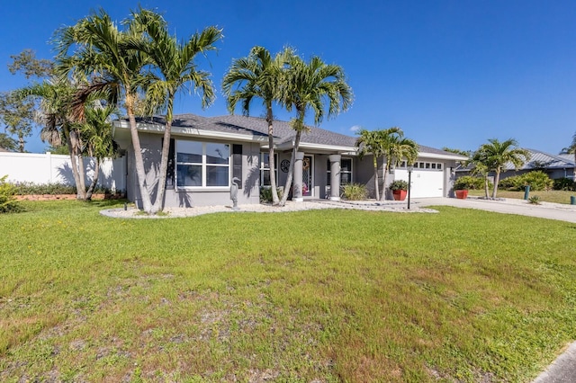 ranch-style home with fence, a front lawn, a garage, stucco siding, and concrete driveway