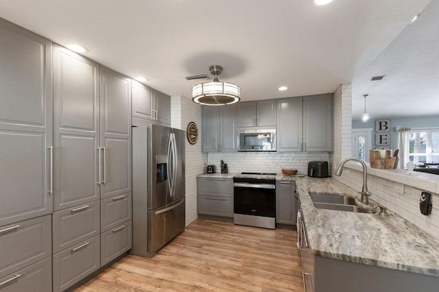 kitchen with light stone counters, a sink, backsplash, gray cabinetry, and stainless steel appliances