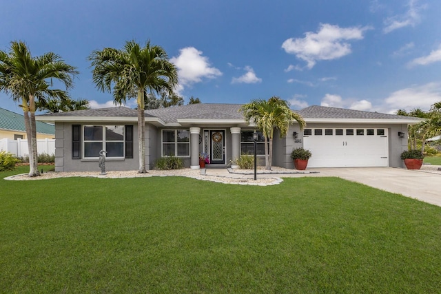 3889 Canopy Way, Sarasota, FL 34235 - ranch-style house with concrete driveway, a garage, stucco siding, and a shingled roof