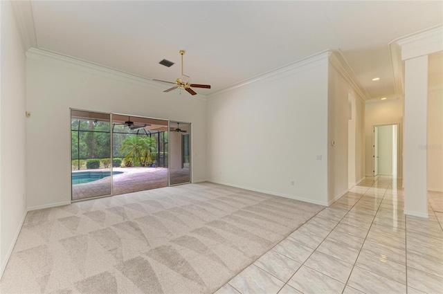 spare room featuring a ceiling fan, baseboards, recessed lighting, and ornamental molding