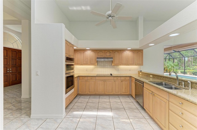 kitchen featuring appliances with stainless steel finishes, light stone counters, a sink, decorative backsplash, and under cabinet range hood