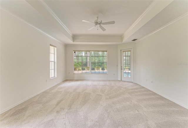 spare room featuring light colored carpet, a raised ceiling, crown molding, and ceiling fan
