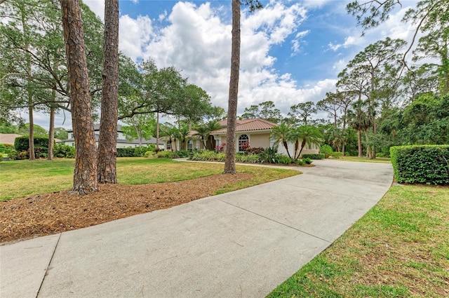 view of front facade featuring curved driveway, a tile roof, a front yard, and stucco siding