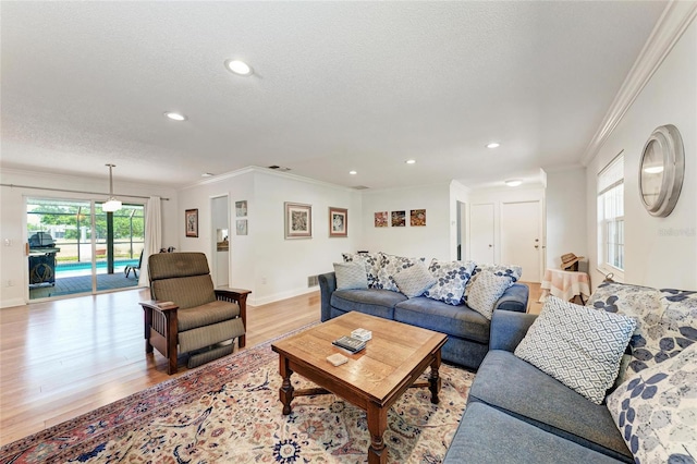 living area featuring ornamental molding, baseboards, and light wood-type flooring
