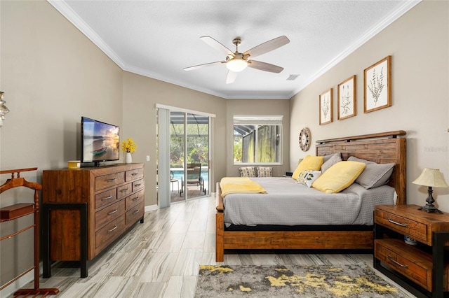 6231 Cypress Bend Ct, University Park, FL 34201 - bedroom with access to outside, crown molding, light wood-style flooring, ceiling fan, and baseboards