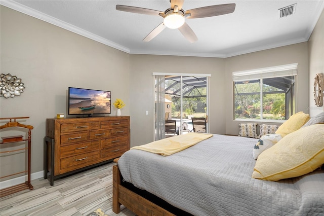 6231 Cypress Bend Ct, University Park, FL 34201 - bedroom with access to outside, multiple windows, light wood-style floors, crown molding, and a ceiling fan
