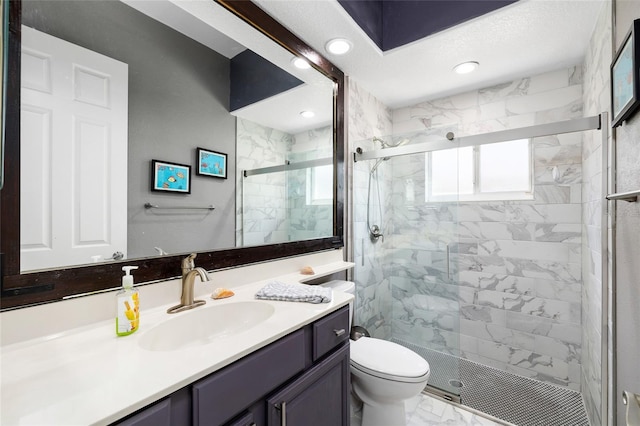 6231 Cypress Bend Ct, University Park, FL 34201 - bathroom featuring toilet, vanity, a marble finish shower, marble look tile flooring, and recessed lighting