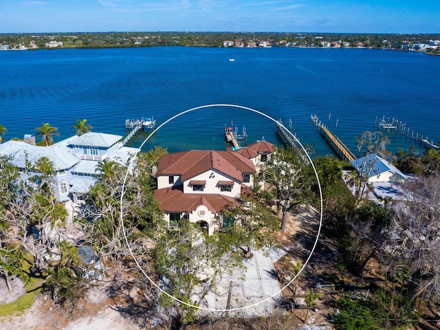 drone / aerial view featuring a water view