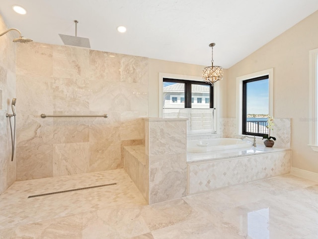 bathroom featuring recessed lighting, a bath, marble finish floor, walk in shower, and lofted ceiling