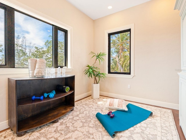 exercise room featuring baseboards, wood finished floors, and plenty of natural light